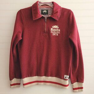 Roots Womens Quarter Zip Sweatshirt Medium Red Speckled Embroidered Logo Cuffs